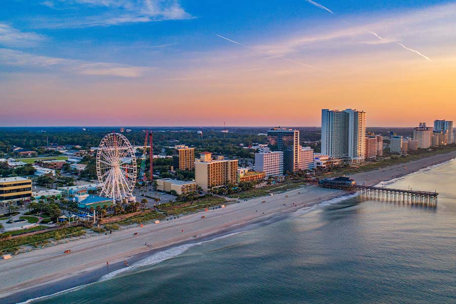 Myrtle Beach, SC - Aerial View of Pier and Coast at Myrtle Beach South Carolina at Sunset